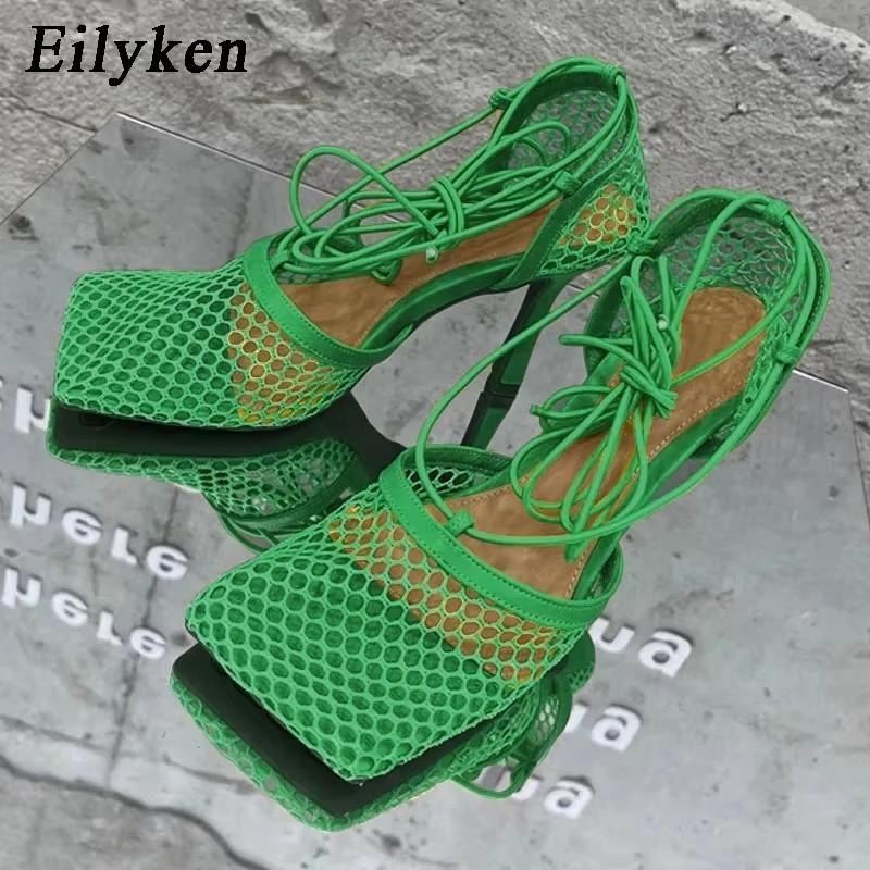 Fashion Eilyken Sexy Mesh Pumps Sandals Female Square Toe High Heel Lace Up Cross-tied Stiletto Hollow Dress Shoes Size 35-42