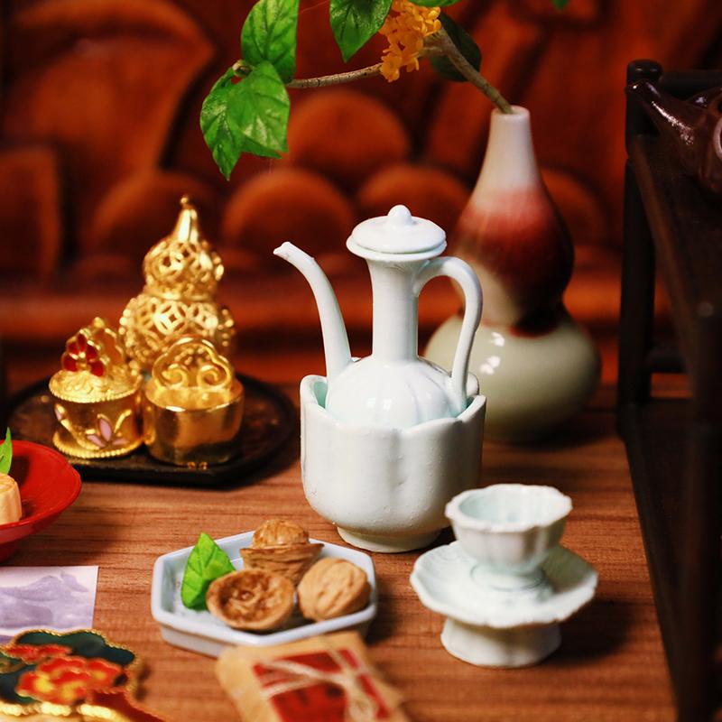 Dollhouse Mini Chinese Ancient Style Imitation Celadon Hand-held Teapot Tea Cup Model Dollhouse Kitchen Accessories
