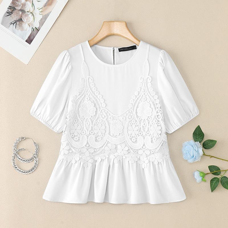 ZANZEA Women Casual Round Neck Crochet Patchwork Summer Short Sleeve T-Shirts
