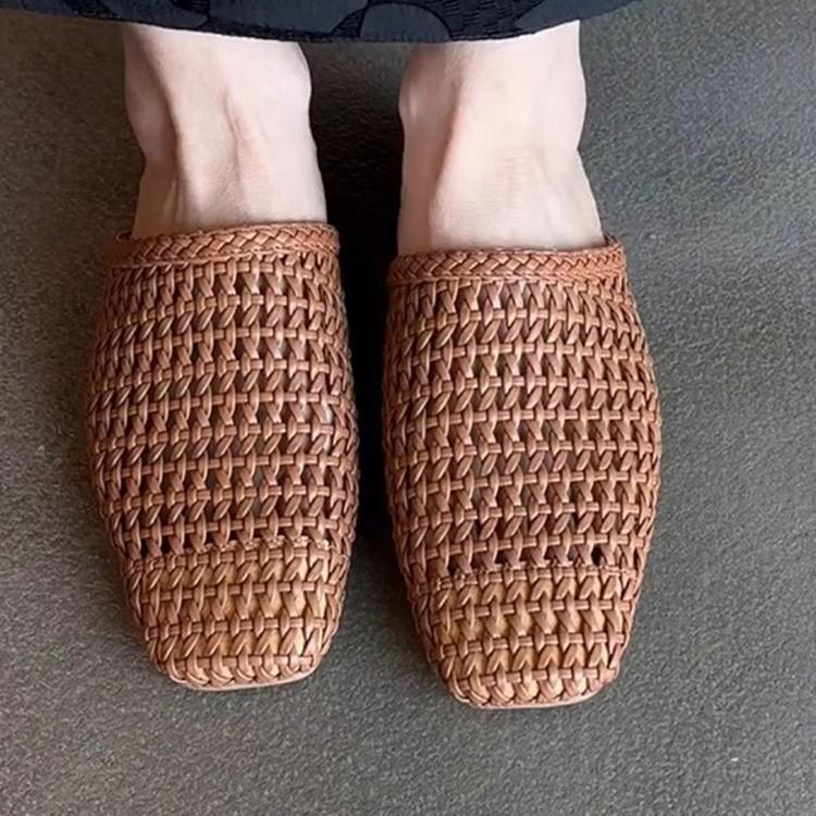 Soft Leather Version~ Hand-woven Mesh Yarn Bag Head Sandals Women's French Versatile Hollowed-out Outer Wear Square Head Flat Bottom Half Slippers