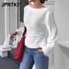 JPNTKY Women's Fashion Casual Solid Color Print Long Sleeve O-Neck Blouses & Shirts International Design