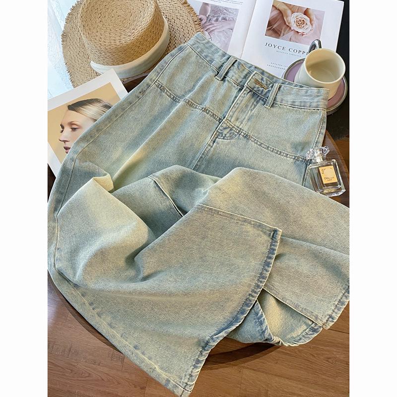 Women's Retro A-Line Denim Midi Skirt - 2025 Spring Collection, Mid-Length with Slit for a Stylish Bodycon Fit
