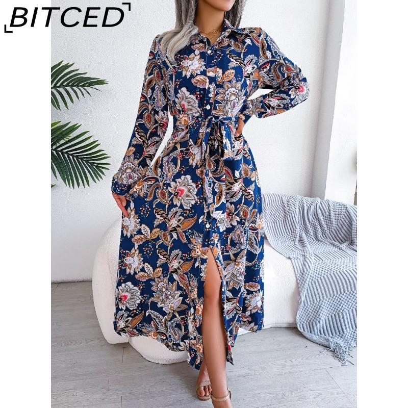 BITCED Women's Retro Floral Collar Long Sleeve Shirt Dress for Spring Summer