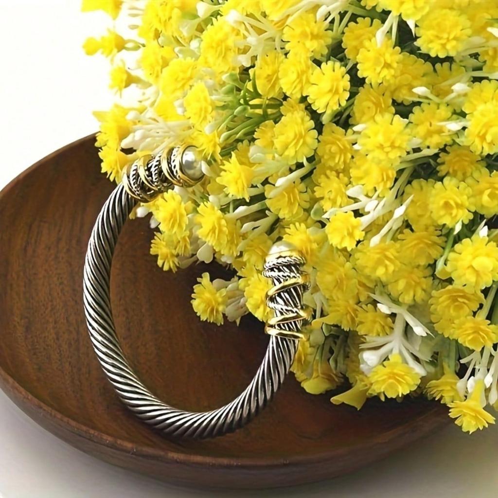 Bracciale Aperto in Acciaio Inossidabile a Doppia Torsione, Bracciale Universale da Uomo e Donna con Guscio Composito e Perla Sintetica