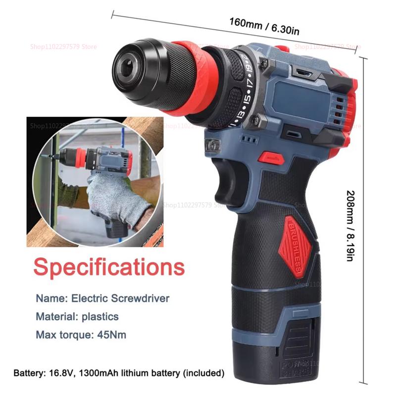 16.8V 2in1 LithiumBrushlessDrill Electric Screwdriver Cordless Power Tool for Home DIY Furniture Installation Automotive Repairs
