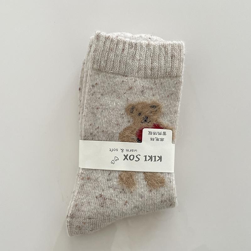 SP&CITY Korean Cartoon Embroidery Wool Socks Women's White Bow Stripe Plush Middle Tube Socks Winter Breathable Thickned Socks