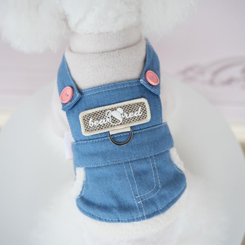 Dog Denim Jumpsuit Set Thick Fleece-Lined Warm Outfit Small Breeds Like Bichon Teddy