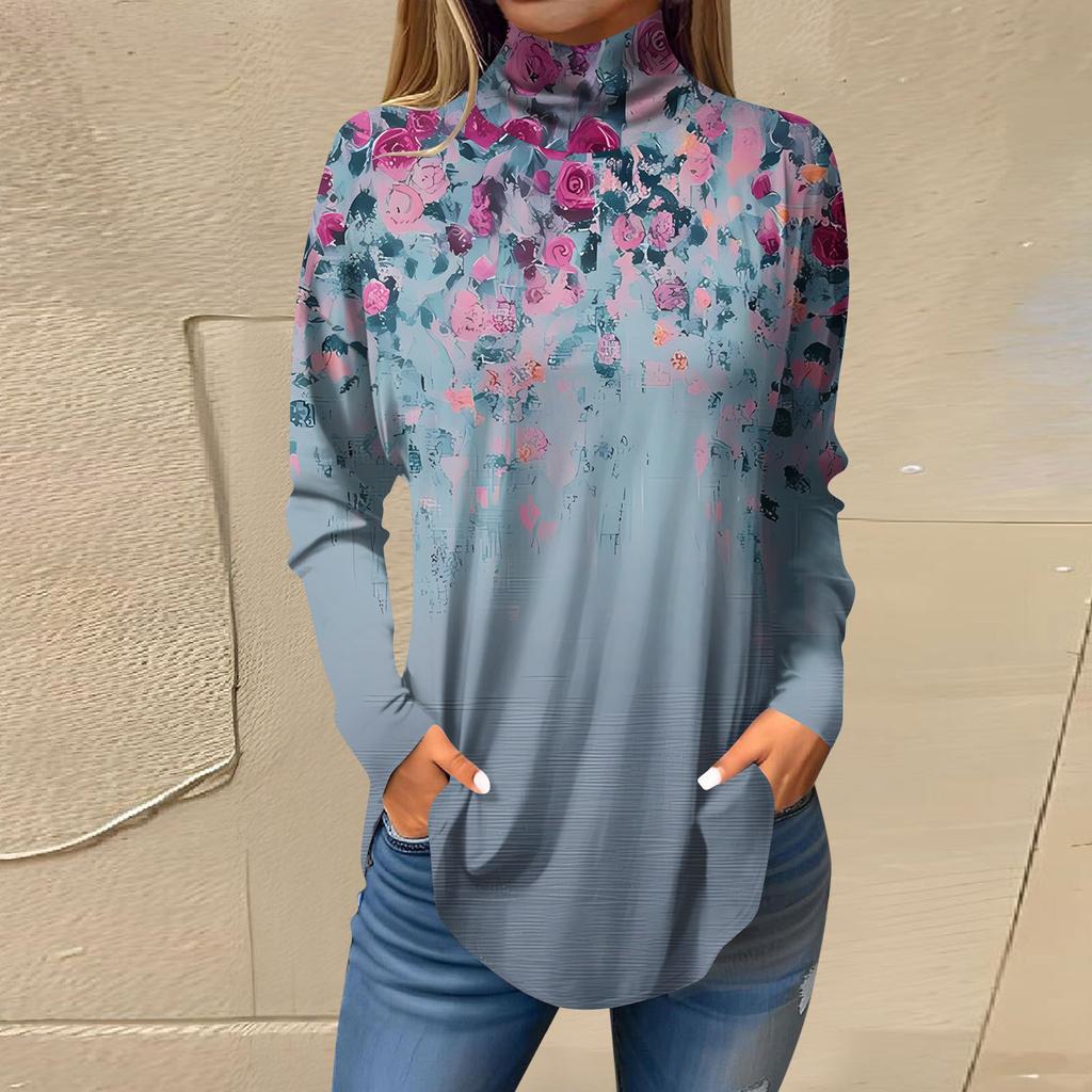 Tricouri pentru femei, toamnă, ocazional, cămăși cu mânecă lungă, hanorac, cu imprimeu vintage, cu gât înalt, pulover