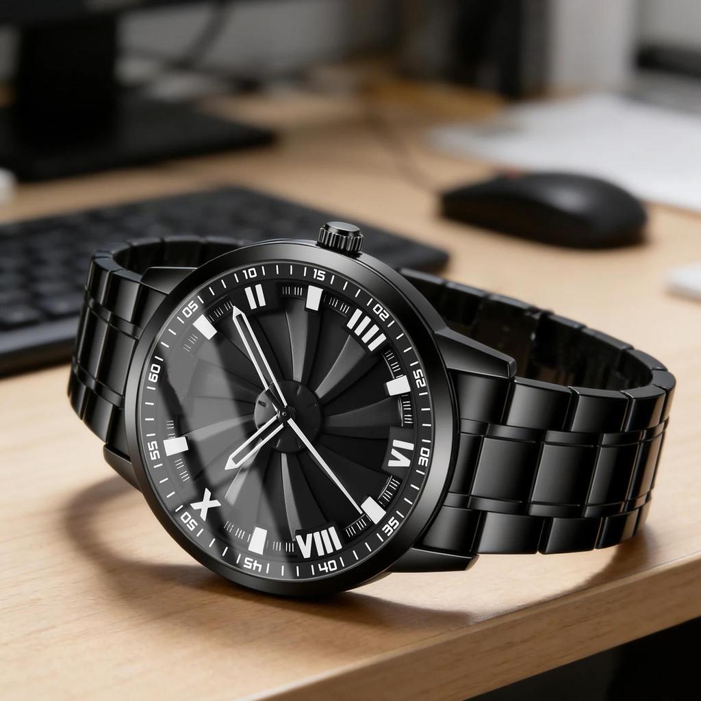 Men Quartz Watch Stainless Steel Rotating Wheel Clock Movement Casual Sports Wristwatch