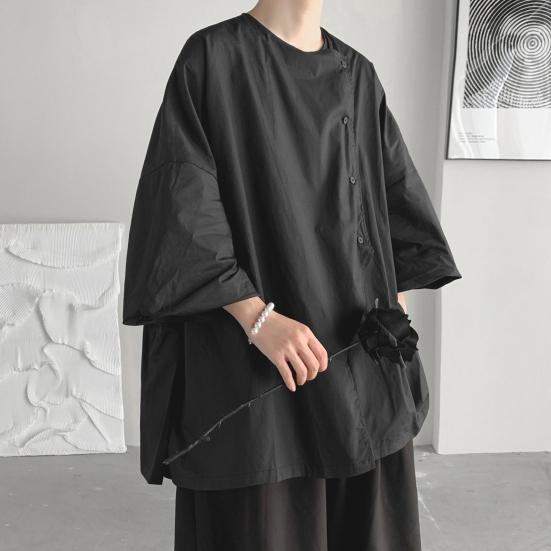 Men Summer T-shirt Hip Hop Solid Color Three Quarter Sleeve Irregular Design Oversized Keep Cool Round Neck Pullover Fall Spring Top Men Clothes