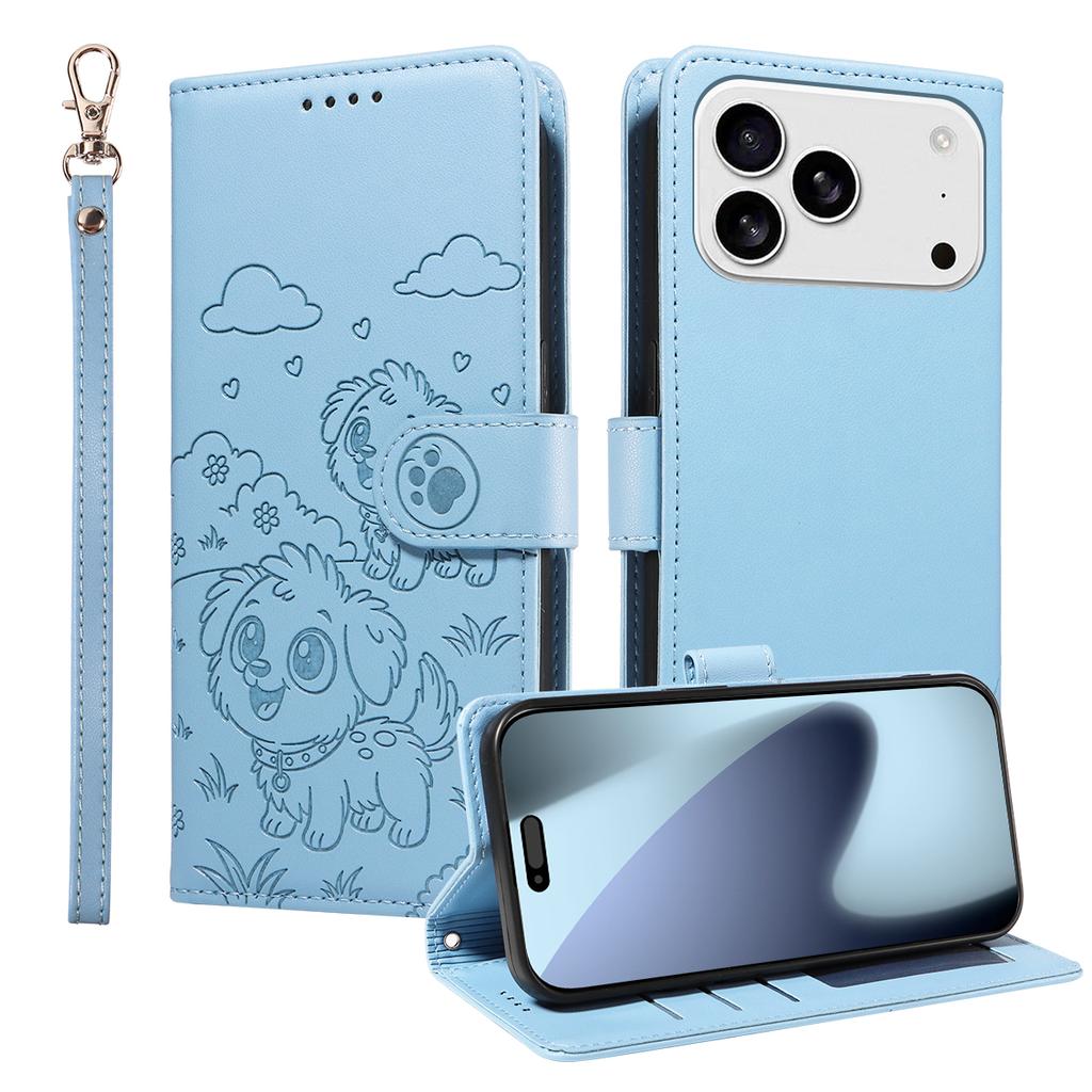 For iPhone 17 Pro Case RFID Blocking Imprinted Dog Pattern PU Leather Phone Cover with Wrist Strap