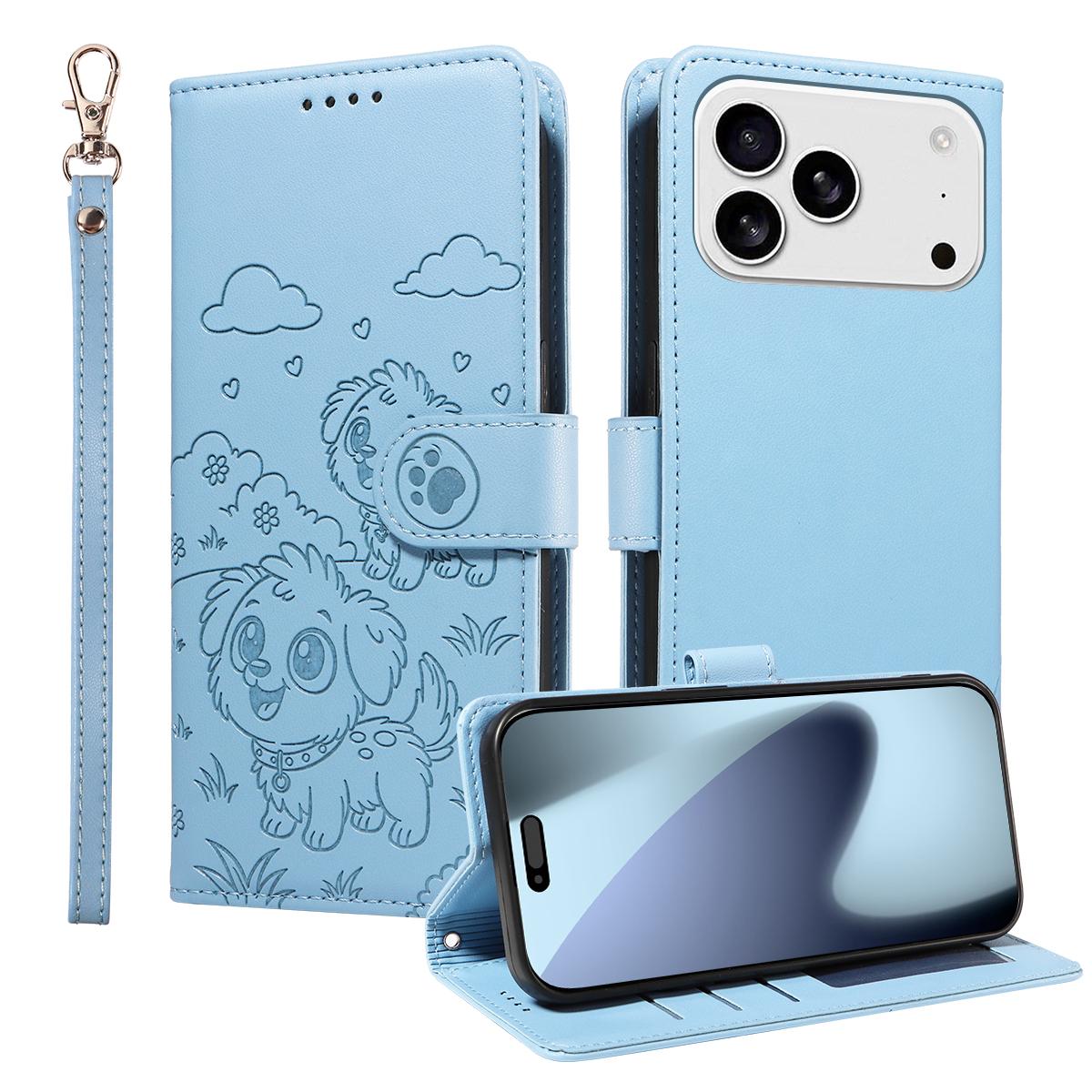 

For iPhone 17 Pro Case RFID Blocking Imprinted Dog Pattern PU Leather Phone Cover with Wrist Strap Blue