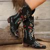 2025 European American Fashion Autumn Winter New Women's Mid Heel Leather Boots Pointed Toe Embroidered Western Boots