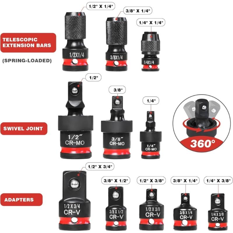 Professional Impact Socket Adapter And Universal Joint Combo Tool For Automotive Mechanical Repairs