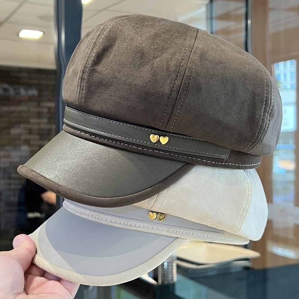 New Faux Leather Women's Octagonal Newsboy Cap Love Spliced Baker Boy Hat Sun-Shading Brim Duckbill Cap Fall Winter Wear
