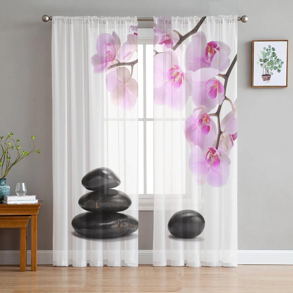 Orchid Black Stone Blush Pink Floral Pure White Soft Tulle Transparent Drapes Perfect for Living Room Decoration Window Panel Curtain for Bedroom
