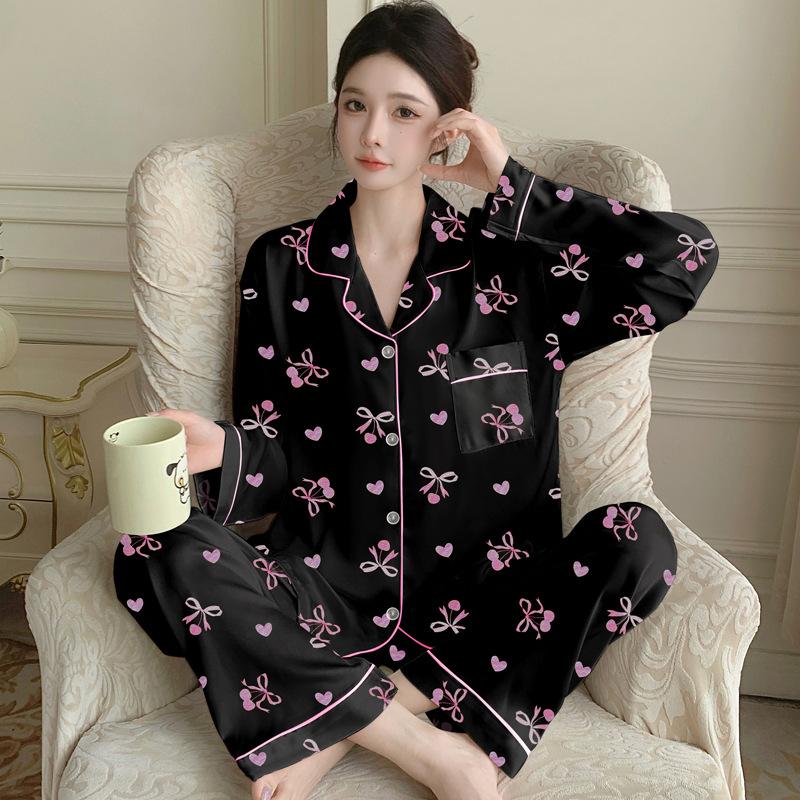 Fashion Ice Silk Thin Pajamas Women'S Spring High-End Silk Striped Cartoon Loungewear Long-Sleeved Two-Piece Set