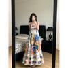 Large Size Korean Dopamine Style Color Printed Suspender Dress Women's Summer Vacation Style Small Big Swing Dress