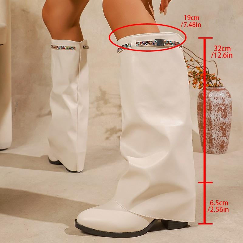 Long Boots Autumn New Sleeve Rhinestone Metal Buckle Soft Sole Non-Slip Trouser Bottom Block Heel Shoes