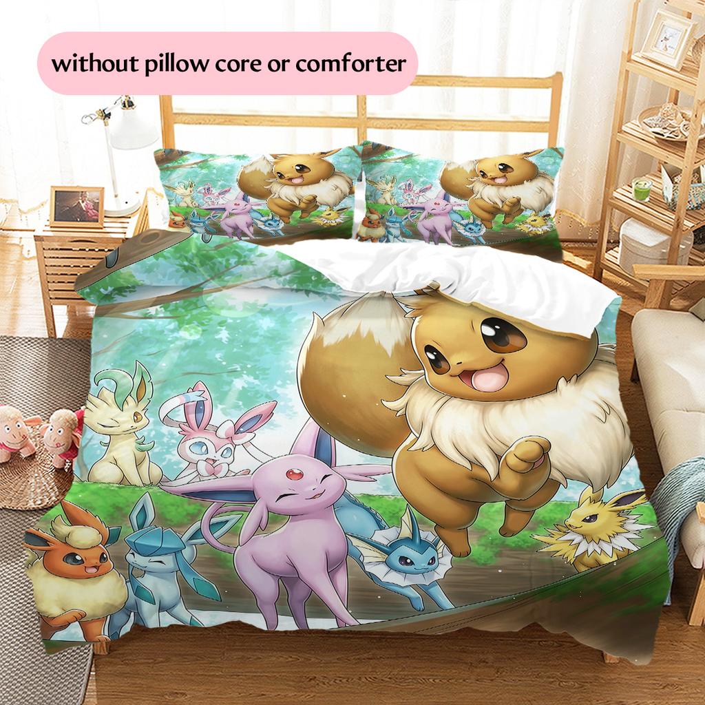 Eevee Pattern Bedding Quilt Set  Home Decoration  Gift (1 * duvet cover + 2 * pillowcase  without core)