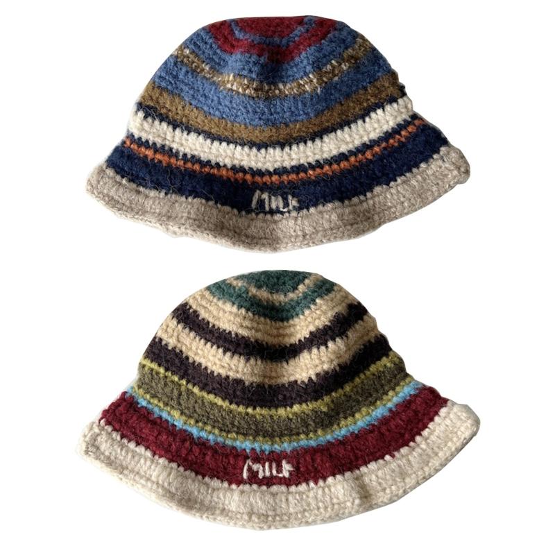 Popular Crochet Stripe Hat Knitting Fisherman Hat Handmade Knit Skull Hat Ins Style Beanies Hat Girls Casual Bucket Hat