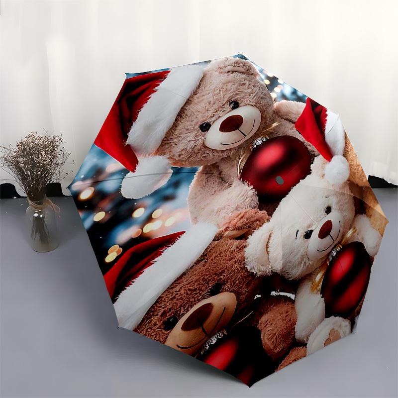 1pc Christmas Teddy Bears with Santa Hats, Festive Gift for Fans, Travelers, Everyday Use, Auto Open Close Umbrella with Foldable Design and 8-Iron Fr