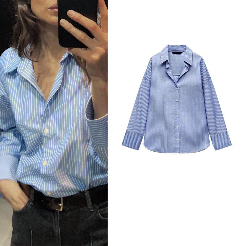 Spring/Summer New Arrival French Style Boyfriend Style Temperament Wild Long Sleeves Polo Collar Stripes Oxford Shirt 8372390