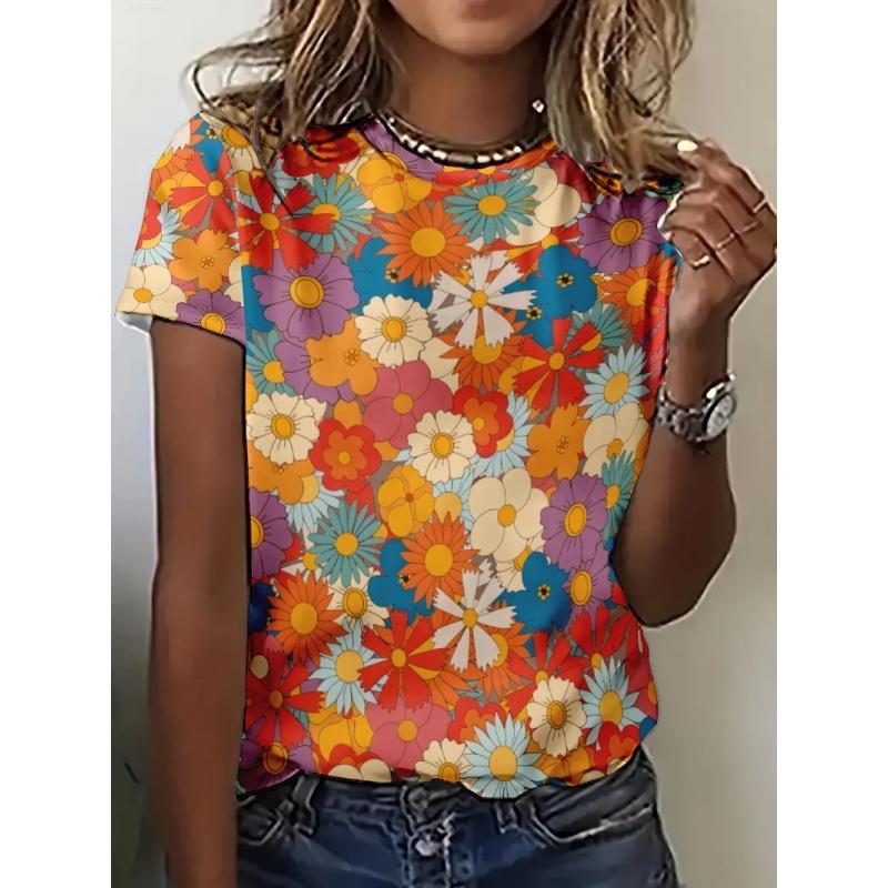 Fun Plants Pattern T Shirt For Women Colorful Flowers 3D Printed Short Sleeves Tees Summer XL