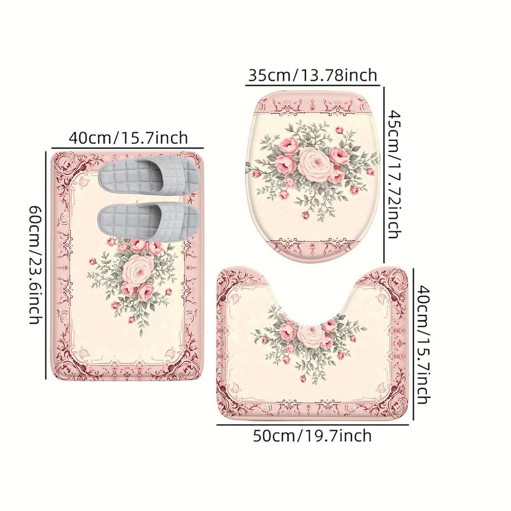 Set di Tappetini da Bagno Antiscivolo in Flanella Floreale Rosa Elegante 2D Piatto Ultra Assorbente Tappetino Decorativo per Pavimento da Cucina