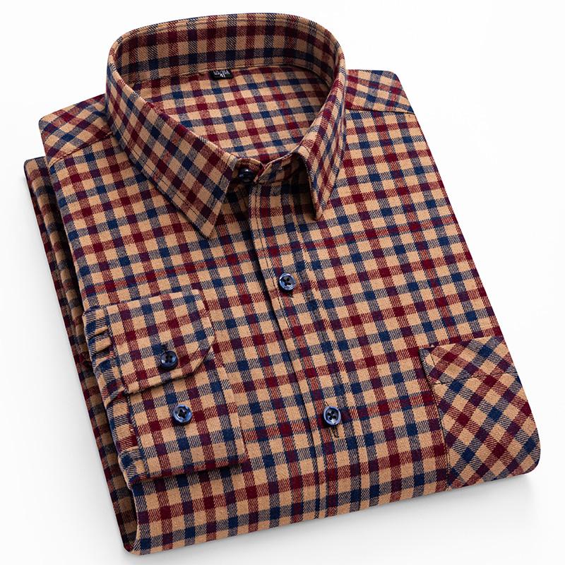 

New Winter/Autumn Cotton Brushed Long Sleeve Men Plaid Shirts Soft Comfortable Plus Size Business Casual 46