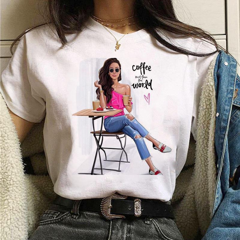 Summer Fashion Coffee Girl Urban Base Shirt Round Neck Pure Cotton Short Sleeved Women's T-Shirts Women’s
