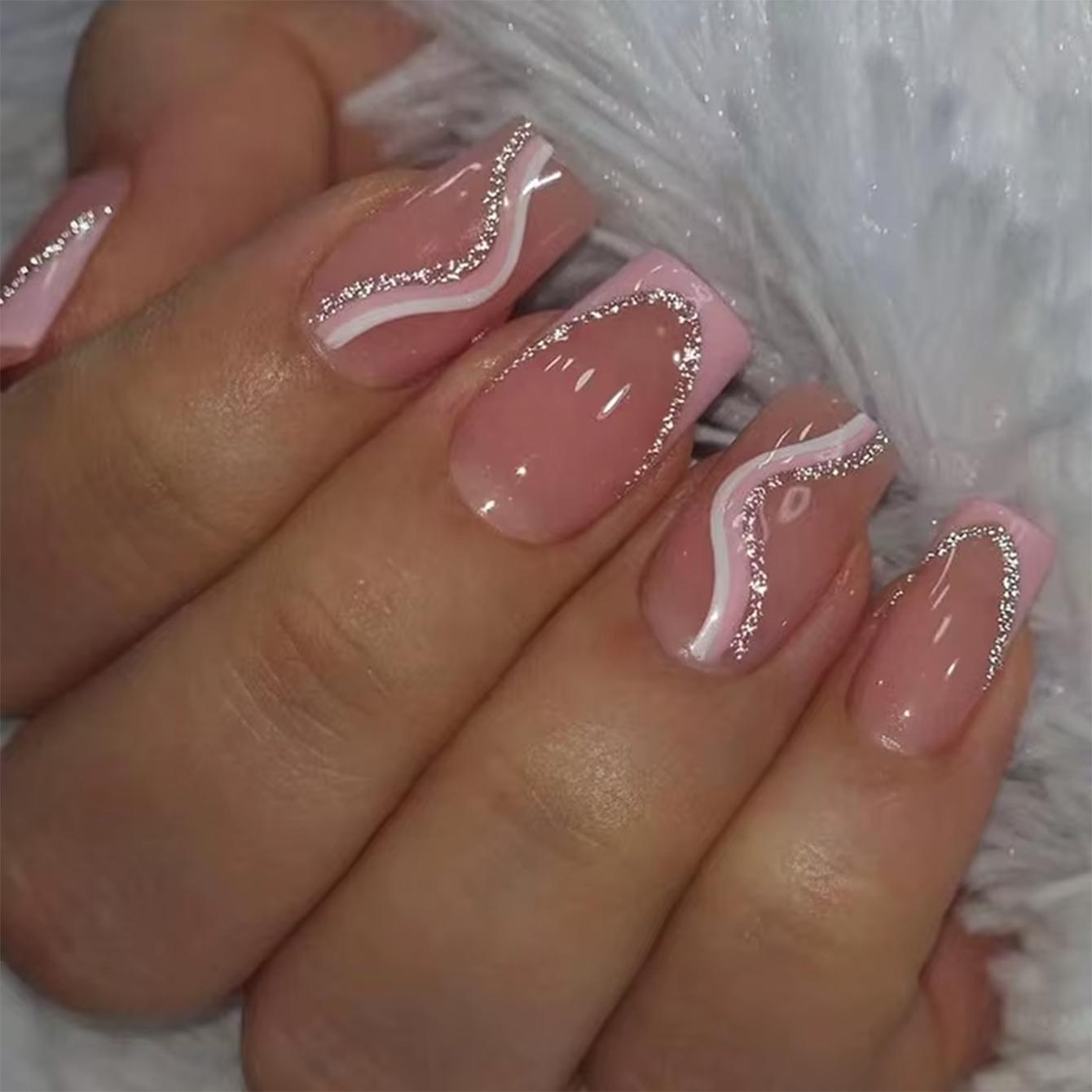 

Minimalist Glitter Line French Press On Nails, 24Pcs Nude Pink Short Almond Fake Nails with White Wave Design United States