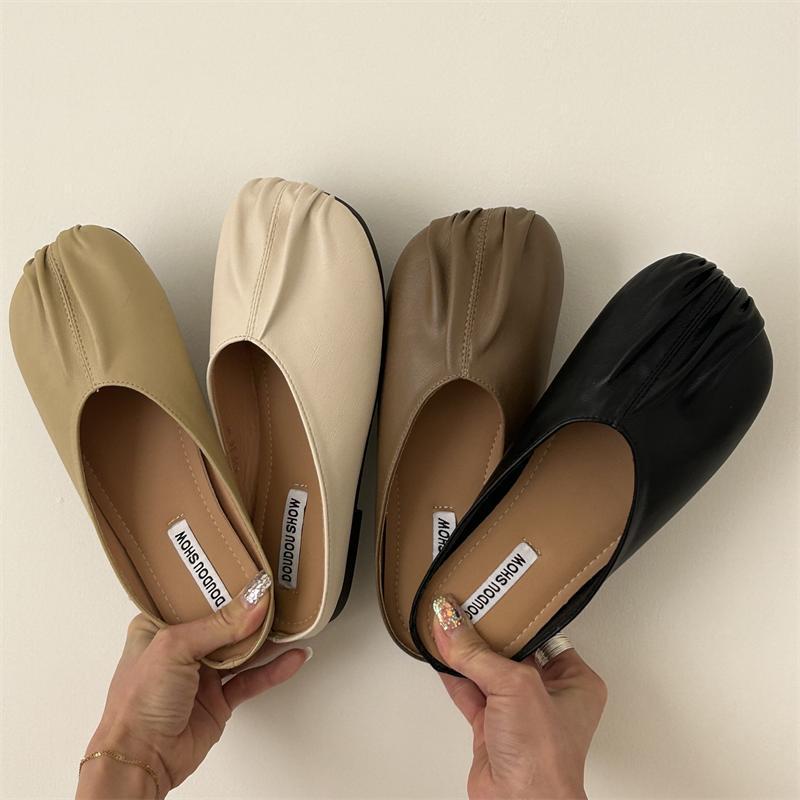 Korean version of retro flat-bottomed bag head drag women's outer wear spring and summer new pleated round head half slippers casual versatile cool sl
