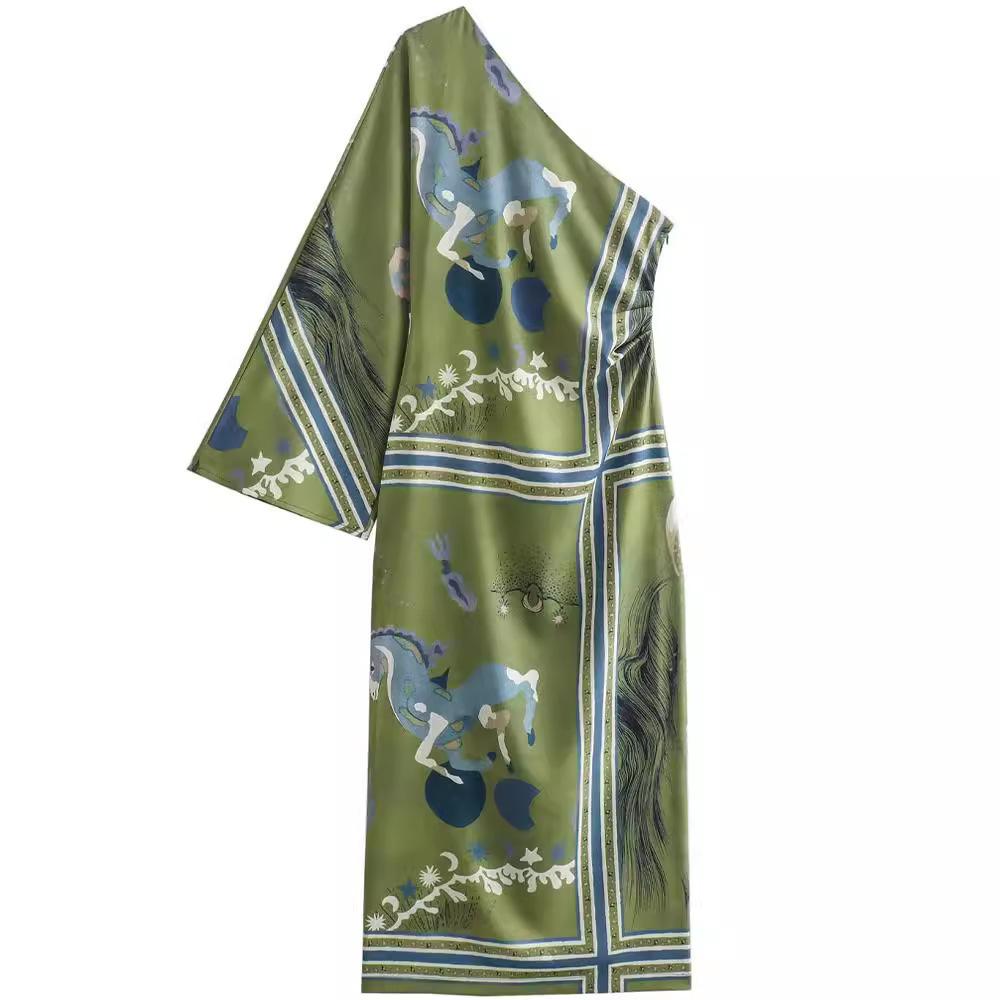 

Летний новый стиль, европейский и американский стиль, асимметричное платье с одним рукавом и старинным принтом, платье средней длины L армия зеленый