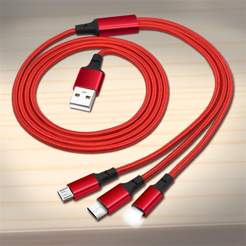 3-in-1 Datenkabel Kupferkern Nylon Geflochten Anti-Dehnungs Mehrfachanschluss 2a Schnellladung Handy Ladekabel