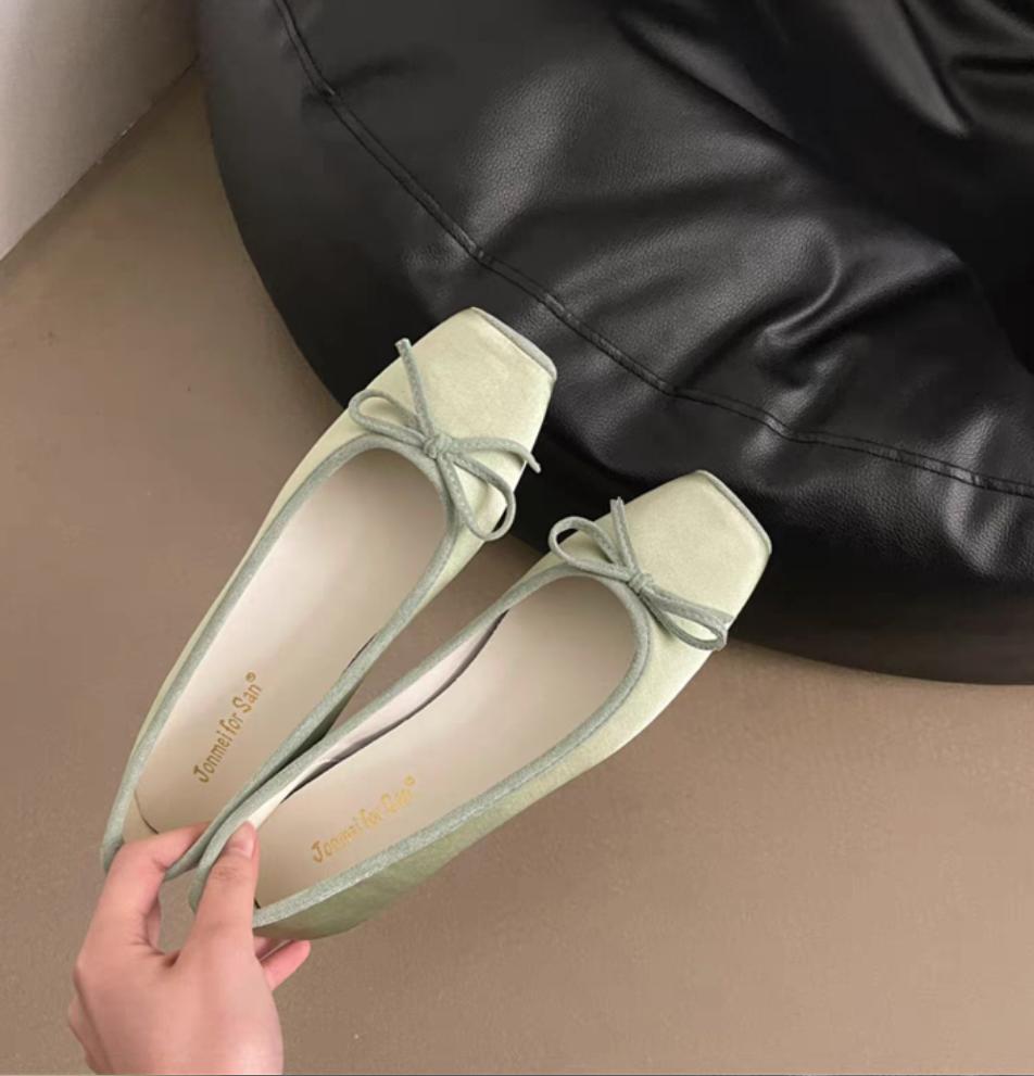 Elegant Woman Silks Bow Flats Fashion Square Toe Shallow Mary Jane Shoes Soft Casual Ballet Shoes for Women Slip On Dress Shoes