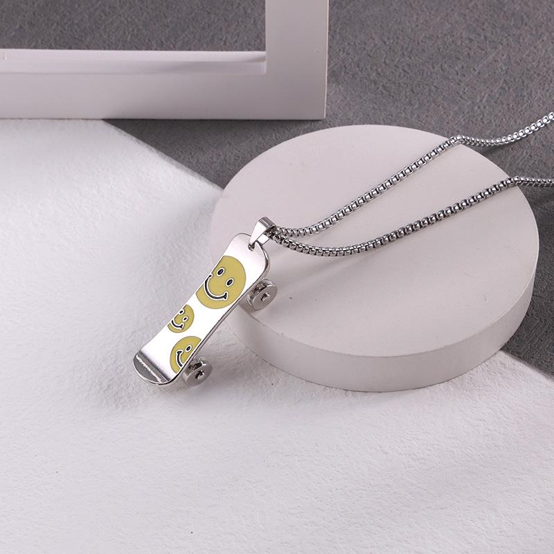 Titanium Steel Hip Hop Cartoon Smiley Skateboard Pendant Necklace for Men & Women