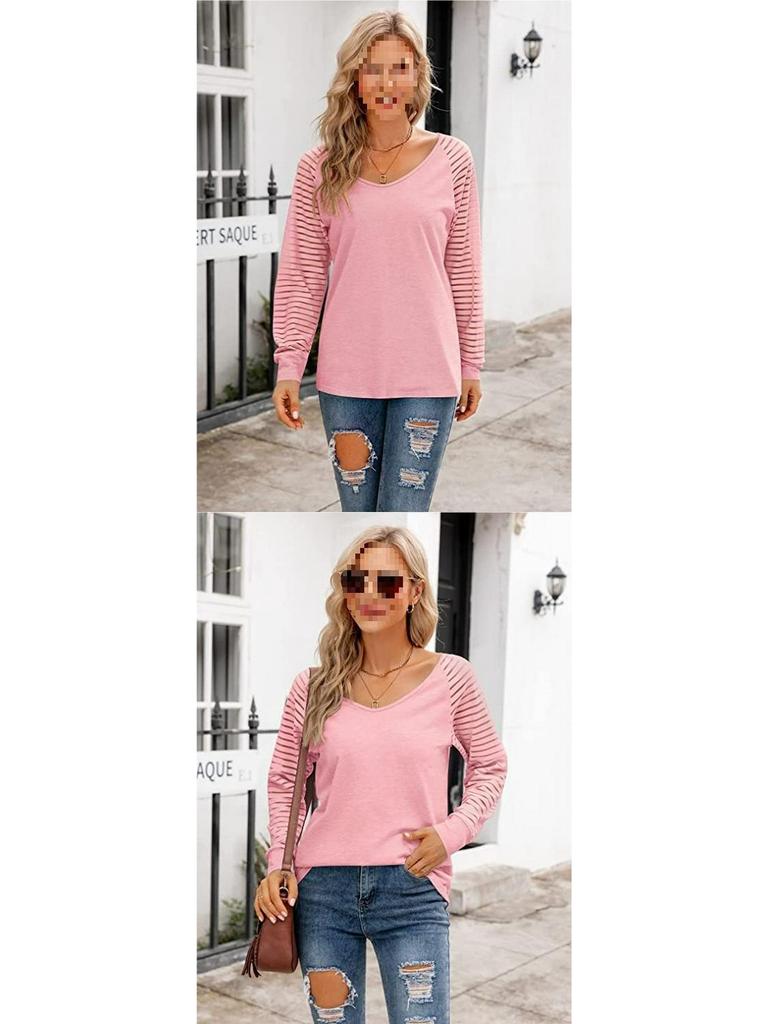 New Women's Patchwork Long Sleeve Striped Casual Loose Top