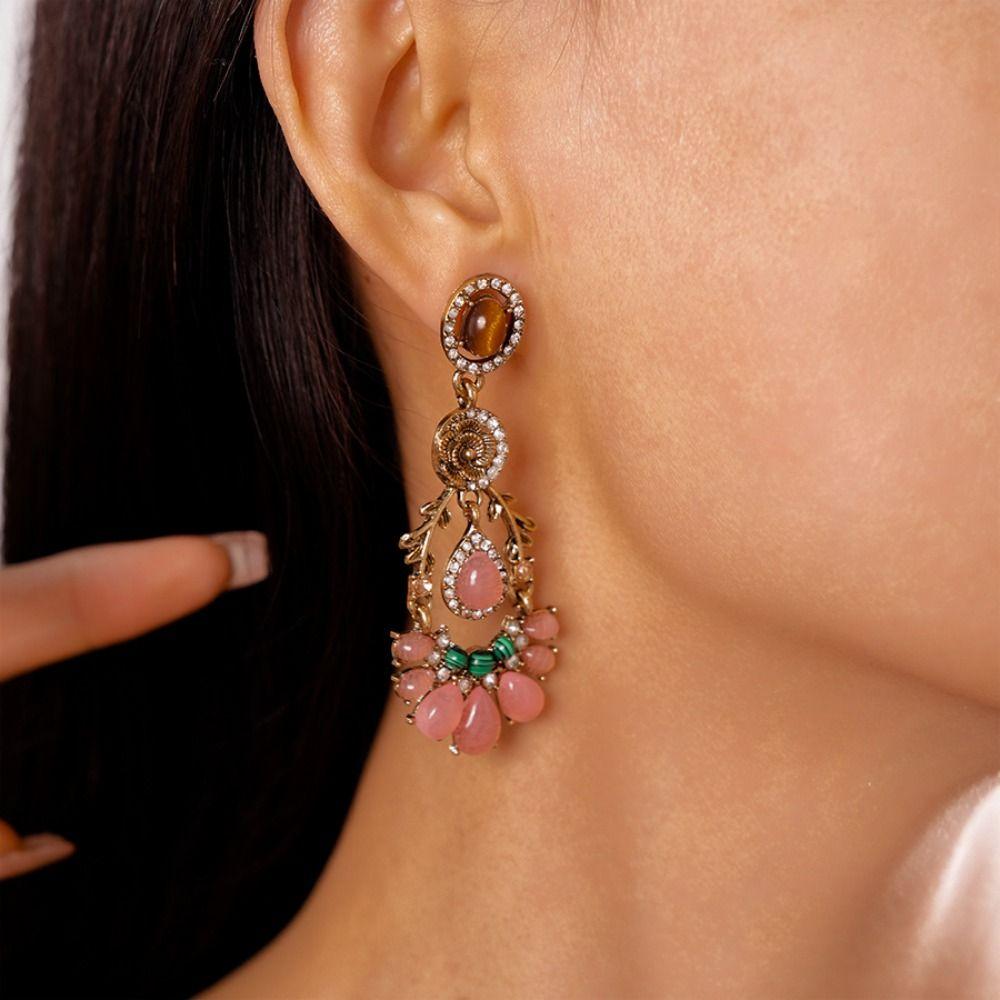 Inlaid Rhinestone Flower Necklace Earring Trendy Clavicle Chain Pink Water Drop Necklace  Party