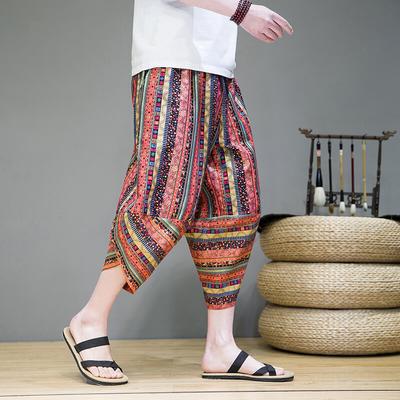2025 Summer Men Ethnic Style Harem Pants Mens Striped Print Pants Men Japanese Street Pants Men Stitching Calf-Length Pants