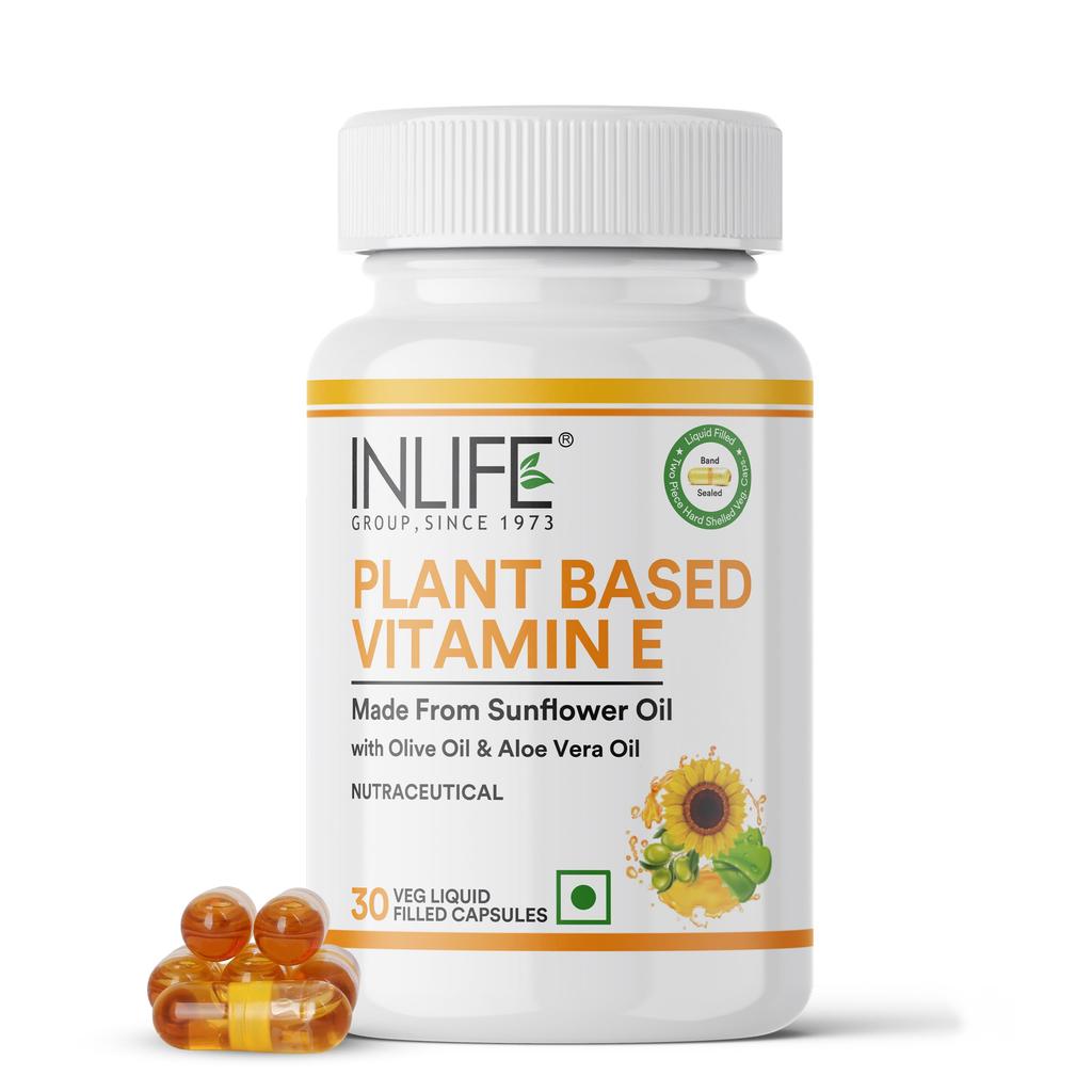INLIFE Plant Based Vitamin E, Sunflower Olive Aloe Oil, 30 Veg Capsules