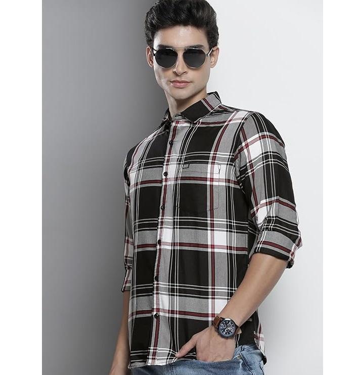 Men's Slim Fit Checkered Full Sleeves Spread Collar Premium Cotton Casual Shirt