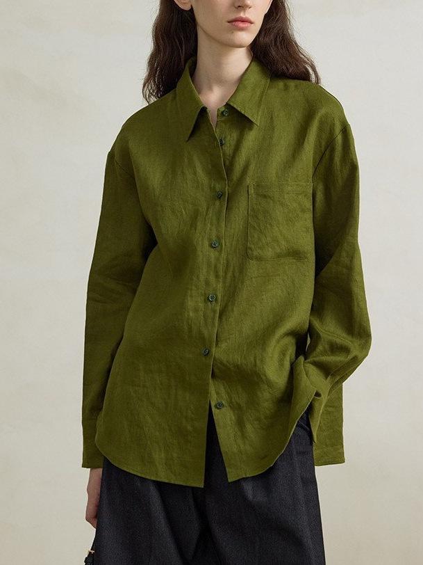 Green 100% Linen Women's Loose Long Sleeve Shirt for Early Autumn Wear