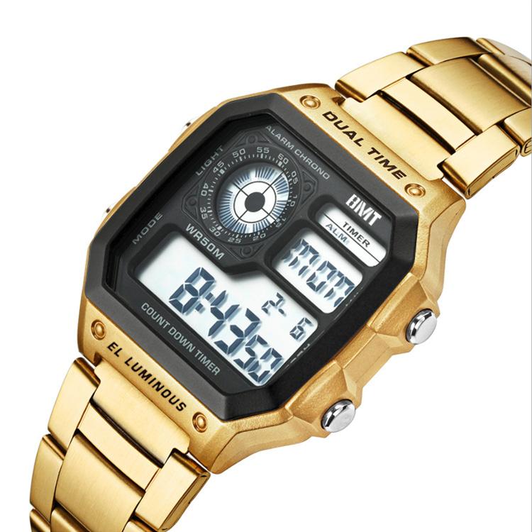 Luxury LCD Fashion Waterproof Electronic Gold Stainless Steel Strap Sports Dual Time Wrist Digital Watches