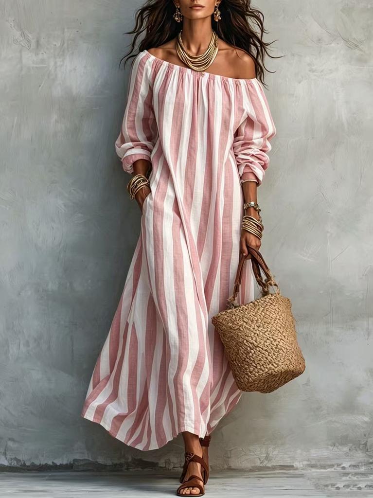 2026 Autumn New Striped Shoulder European and American Women's Clothing Popular Station Holiday Dress