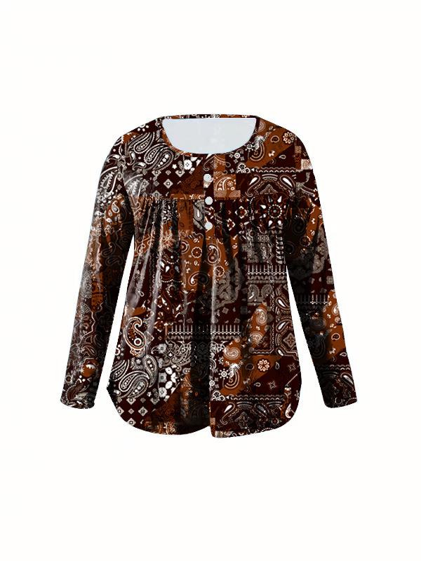 Elegant Plus Size Paisley V-Neck Button Top for Women