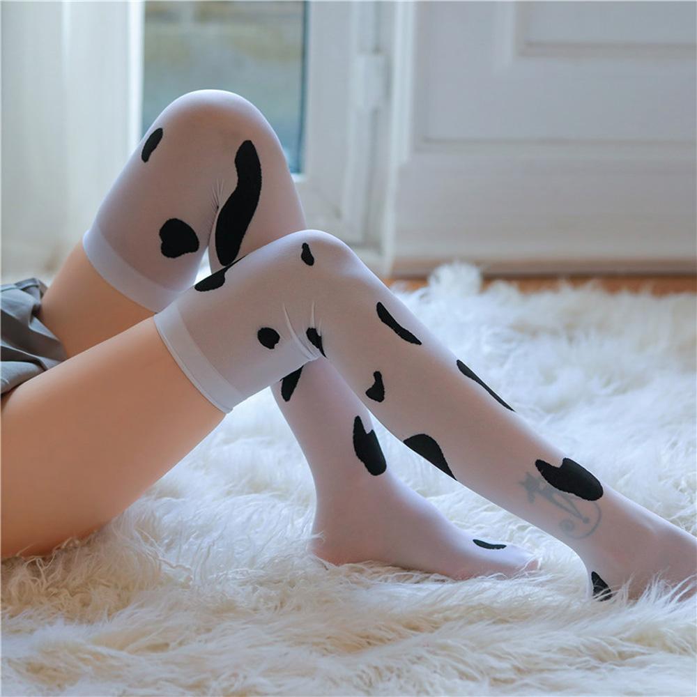 Lovely Kawaii Women Thigh High Stockings Cow Printed Pantyhose Cow Spots Printed Cosplay Stockings