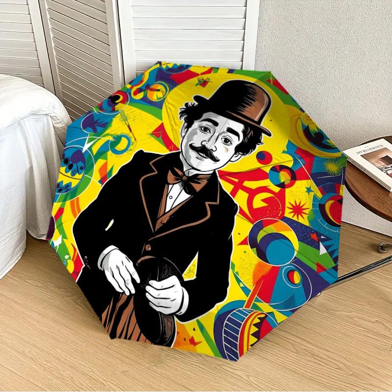 1pz Ombrello Pieghevole Automatico Charlie Chaplin, Design Pieghevole Portatile, Accessorio Casual da Esterno L1127016