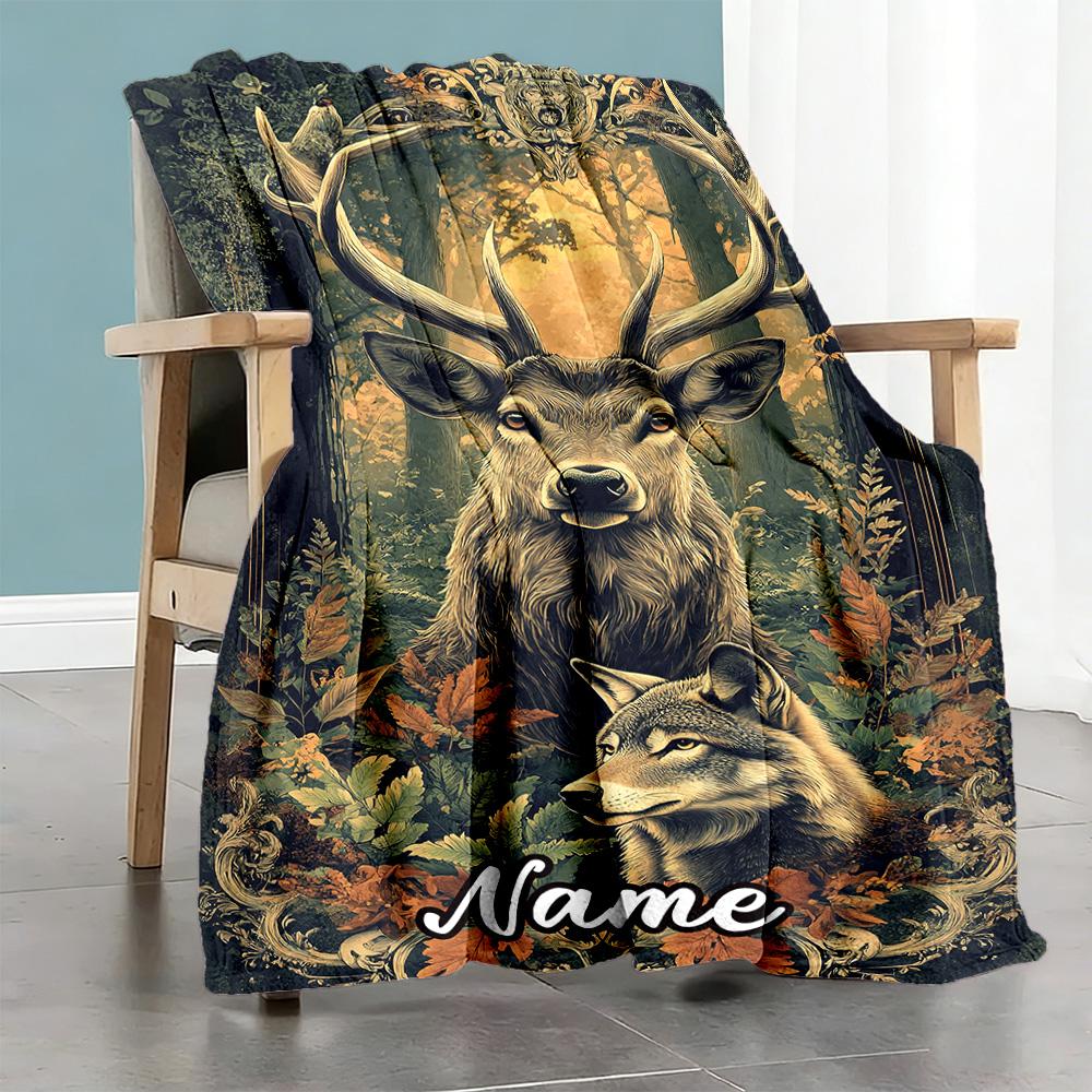 Deer Wolf Customize Text Blanket Multi-purpose Customizable Blanket Warmthful Decor Great for Couch Bed Living Room Seaside Ideal for All Seasons