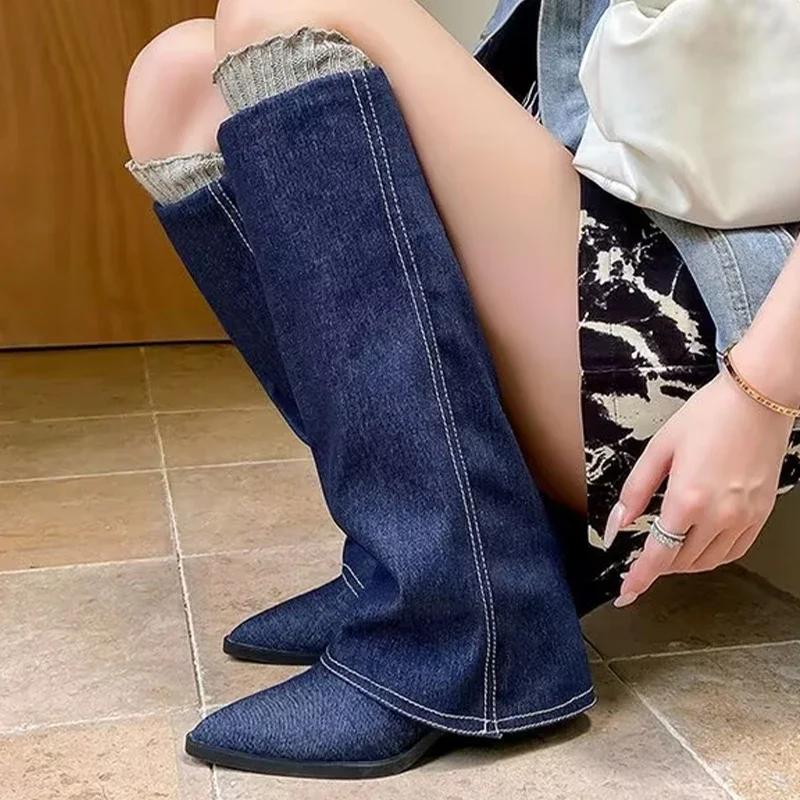 модные ковбойские женские высокие сапоги с острым носком на каблуках зимняя модная обувь женская 2024 трендовые зимние сапоги элегантные челси женские ботинки 40 7569₽